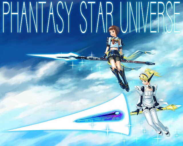 denjuu, caseal, phantasy star, phantasy star universe, white legwear, 2girls, :d, android, armor, bike shorts, black gloves, blonde hair, blue background, blue eyes, blunt bangs, boots, broom, broom riding, brown eyes, brown hair, cleavage cutout, clothing cutout, cloud, cloudy sky, copyright name, day, energy weapon, flat chest, flying, gloves, huge weapon, japanese clothes, knee boots, long sleeves, maid, midriff, multiple girls, navel, open mouth, polearm, riding, robot ears, short hair, short sleeves, short twintails, sidesaddle, sitting, skirt, sky, smile, sparkle, spear, text focus, thighhighs, twintails, vambraces, weapon