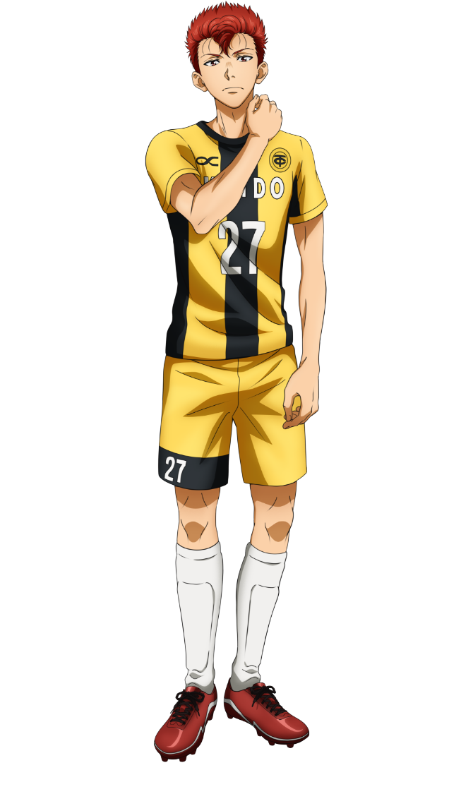 ao ashi, official art, 1boy, anime coloring, closed mouth, full body, hand on own neck, hand up, looking at viewer, nakatake manabu, numbered, pompadour, red eyes, red hair, red shoes, shin guards, shirt, shoes, short hair, shorts, simple background, soccer uniform, solo, spiked shoes, spikes, sportswear, standing, striped clothes, striped shirt, takeshima ryuuichi, transparent background, two-tone shirt, v-shaped eyebrows, vertical-striped clothes, vertical-striped shirt, yellow shirt, yellow shorts