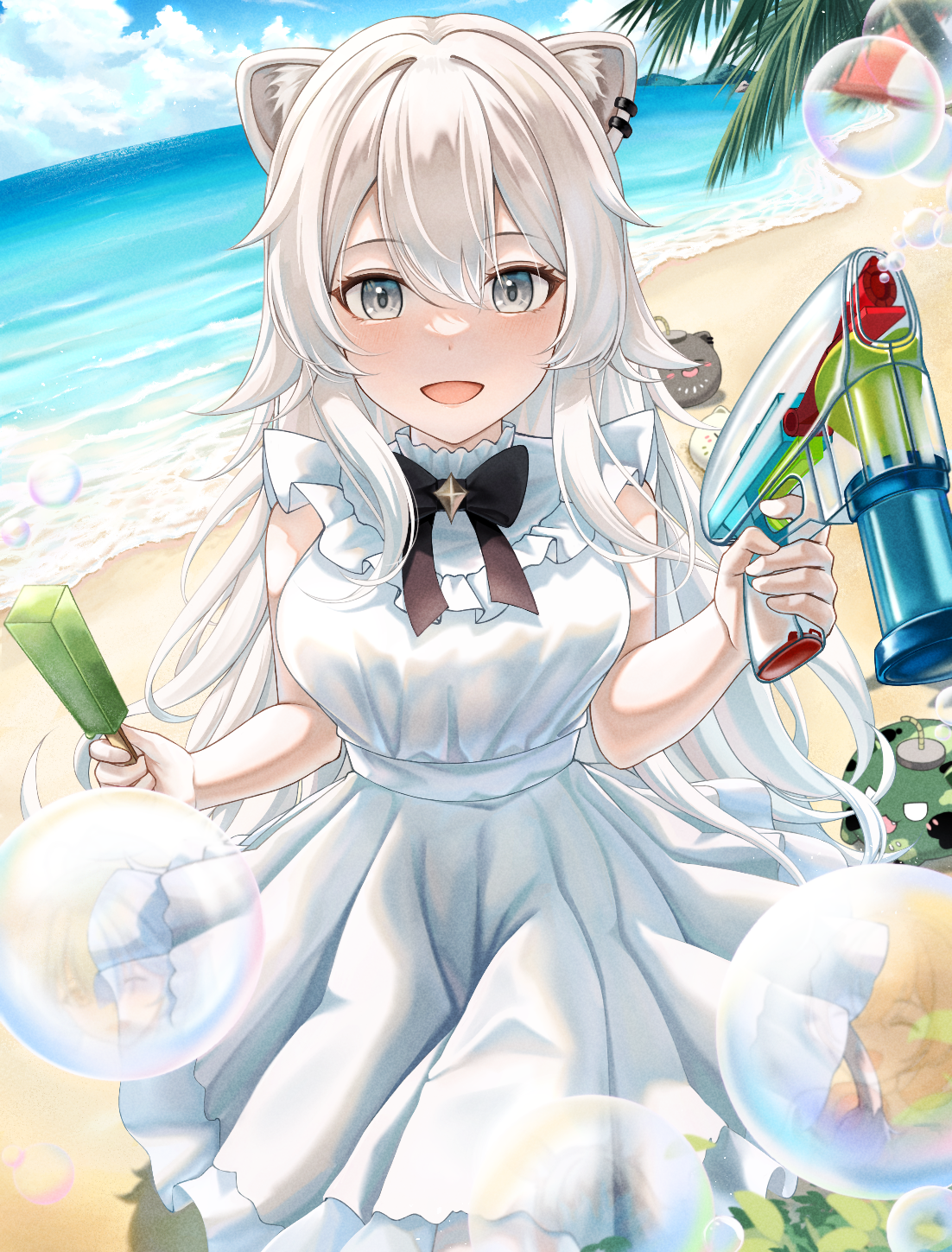 ming.tian, shishiro botan, shishiro botan (holonatsu paradise), ssrb (shishiro botan), hololive, highres, 1girl, beach, blue sky, breasts, bubble, cloud, dress, food, grey eyes, grey hair, holding, holding food, holding popsicle, holding water gun, looking at viewer, official alternate costume, open mouth, outdoors, popsicle, sand, sky, smile, solo, virtual youtuber, water, water gun, white dress