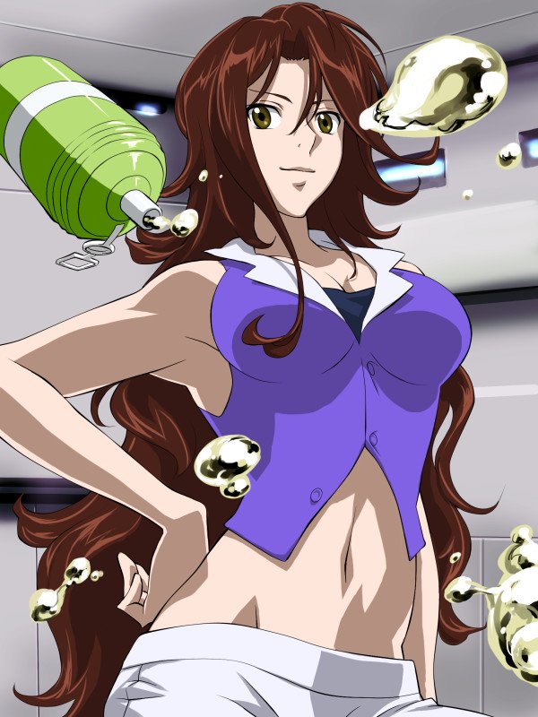 baariya, sumeragi lee noriega, gundam, gundam 00, 00s, 1girl, alcohol, beer, bottle, breasts, brown eyes, brown hair, cleavage, female focus, hand on own hip, large breasts, long hair, midriff, navel, smile, solo, very long hair, zero gravity