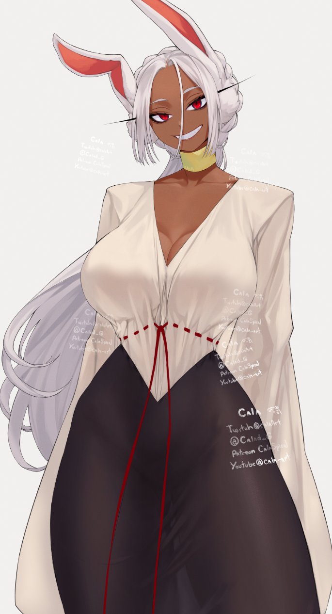 gabriel carrasquillo, mirko, boku no hero academia, commentary, english commentary, highres, 1girl, alternate costume, alternate hairstyle, animal ears, artist name, black skirt, breasts, choker, cleavage, collarbone, dark-skinned female, dark skin, grin, hair between eyes, large breasts, long eyelashes, long hair, long skirt, looking at viewer, parted bangs, patreon username, ponytail, rabbit ears, rabbit girl, red eyes, see-through silhouette, simple background, skirt, smile, solo, thick thighs, thighs, twitch username, twitter username, very long hair, very long sleeves, white background, white hair, wide hips, wide sleeves, yellow choker, youtube username