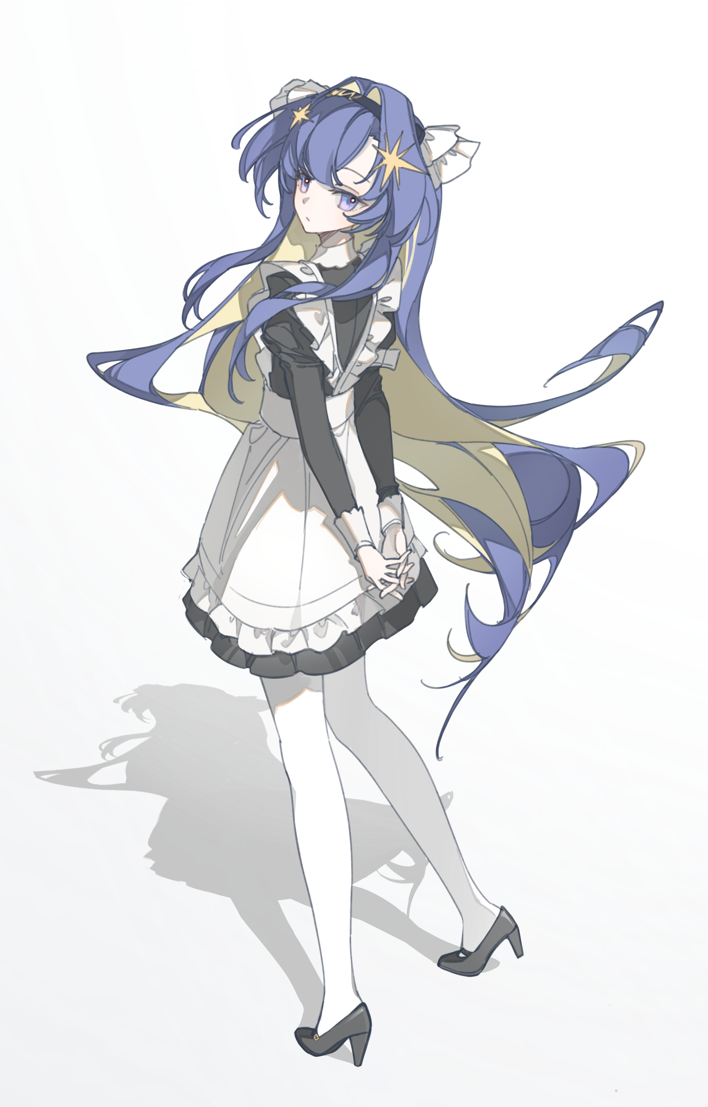 tansuangai fenmo, voyager (reverse:1999), reverse:1999, absurdres, highres, 1girl, apron, arms behind back, black hairband, black shoes, blonde hair, blue eyes, blue hair, closed mouth, colored inner hair, dot mouth, dress, floating hair, frilled apron, frills, from side, full body, hair intakes, hair ornament, hairband, heel up, high heels, interlocked fingers, long hair, looking at viewer, multicolored hair, own hands together, pantyhose, shoes, short dress, solo, standing, star (symbol), star hair ornament, turning head, very long hair, white apron, white background, white pantyhose