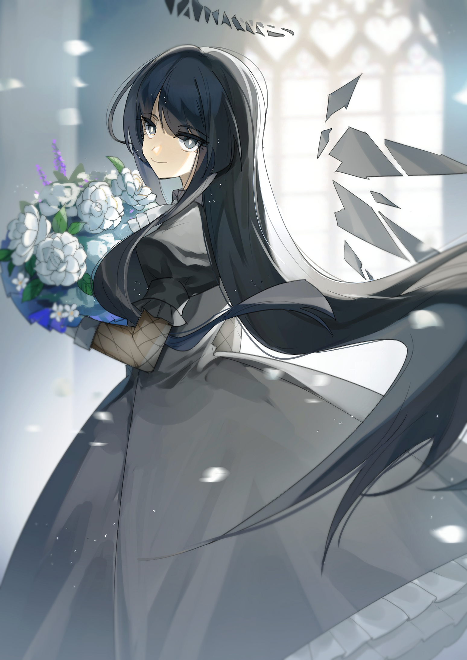 cui ying, virtuosa (arknights), arknights, highres, 1girl, black dress, black hair, black halo, bouquet, bright pupils, closed mouth, detached wings, dress, flower, frilled dress, frills, grey eyes, halo, holding, holding bouquet, light particles, long hair, looking at viewer, petals, puffy short sleeves, puffy sleeves, short sleeves, smile, solo, very long hair, wedding, wedding dress, white flower, white pupils, wind, wings