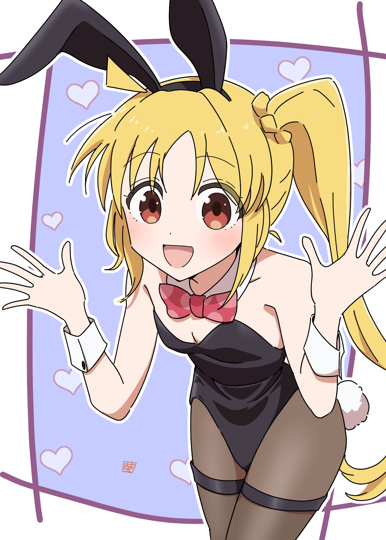 illustratorhide, ijichi nijika, bocchi the rock!, commentary request, highres, 1girl, ahoge, animal ear hairband, animal ears, black hairband, black leotard, blonde hair, blue background, border, bow, bowtie, breasts, brown pantyhose, choppy bangs, cleavage, collar, cowboy shot, detached collar, dot nose, fake animal ears, fake tail, hairband, hands up, leaning forward, leotard, long hair, looking at viewer, open mouth, outline, outside border, pantyhose, playboy bunny, polka dot, polka dot bow, polka dot bowtie, rabbit ear hairband, rabbit ears, rabbit tail, red bow, red bowtie, red eyes, side ponytail, smile, solo, standing, tail, thigh strap, white border, white collar, white outline, white wrist cuffs, wrist cuffs