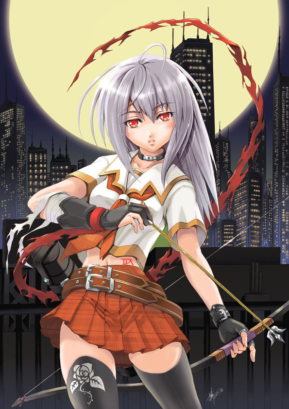 yuu (yuyukaikan), original, 1girl, ahoge, arrow (projectile), bandages, belt, bow (weapon), choker, city, female focus, full moon, gloves, long hair, midriff, miniskirt, moon, navel, necktie, red eyes, skirt, solo, standing, tattoo, thighhighs, weapon, white hair, zettai ryouiki