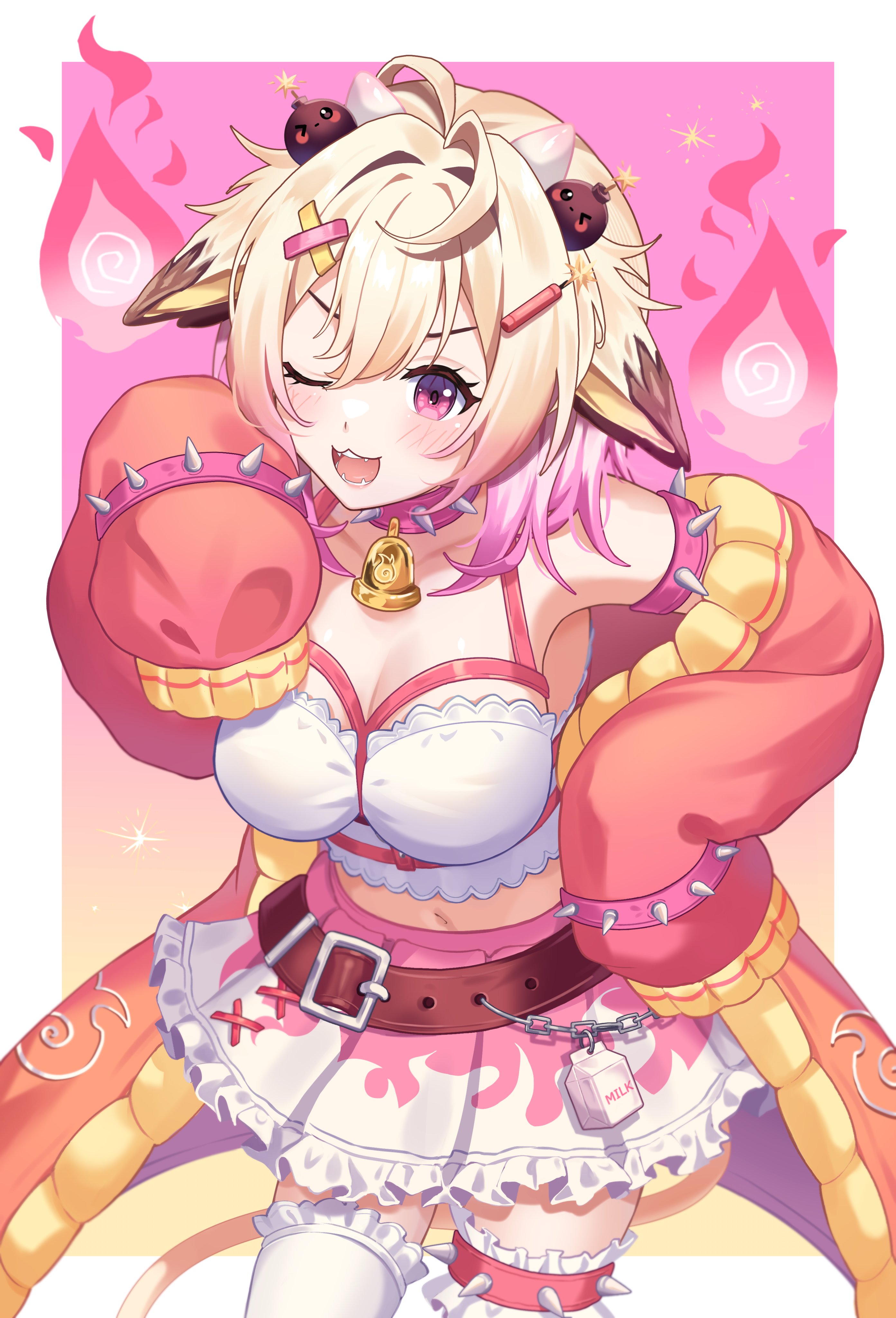 tolo mag, indie virtual youtuber, absurdres, commentary, english commentary, highres, second-party source, 1girl, animal ears, bell, belt, blonde hair, blush, breasts, brown belt, choker, cleavage, cow ears, cow girl, cow horns, cowbell, frilled skirt, frilled thigh strap, frills, hair ornament, hairpin, hand on own hip, horns, jacket, large breasts, looking at viewer, one eye closed, open mouth, pink choker, pink eyes, pink jacket, rosiebellmoo, shirt, short hair, skirt, sleeves past fingers, sleeves past wrists, solo, spiked choker, spiked thigh strap, spikes, thigh strap, thighhighs, virtual youtuber, white shirt, white thighhighs, x hair ornament