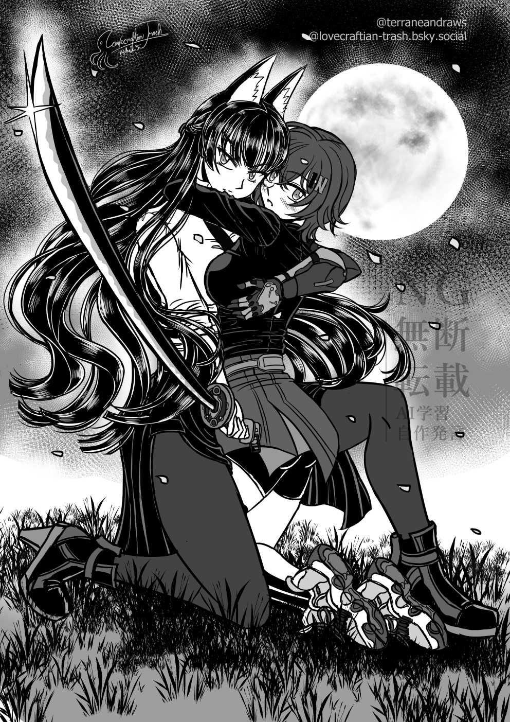 k-nashi, belle (zenless zone zero), hoshimi miyabi, akai ito, zenless zone zero, highres, 2girls, animal ear fluff, animal ears, black necktie, bluesky username, blush, fox ears, fox girl, gauntlets, hair ornament, high-waist skirt, high heels, holding, holding sword, holding weapon, letter hair ornament, long hair, long skirt, monochrome, moon, multiple girls, necktie, pantyhose, scene reference, shirt, shoes, short hair, shorts, signature, single gauntlet, skirt, sneakers, socks, sword, twitter username, weapon, white shirt, yuri