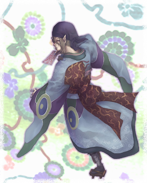 watase, kusuriuri (mononoke), mononoke, 00s, 1boy, bandana, blonde hair, bow, durag, facepaint, facial mark, floral background, geta, hair tie, japanese clothes, kimono, long hair, makeup, male focus, obi, ofuda, pointy ears, sash, solo, tabi