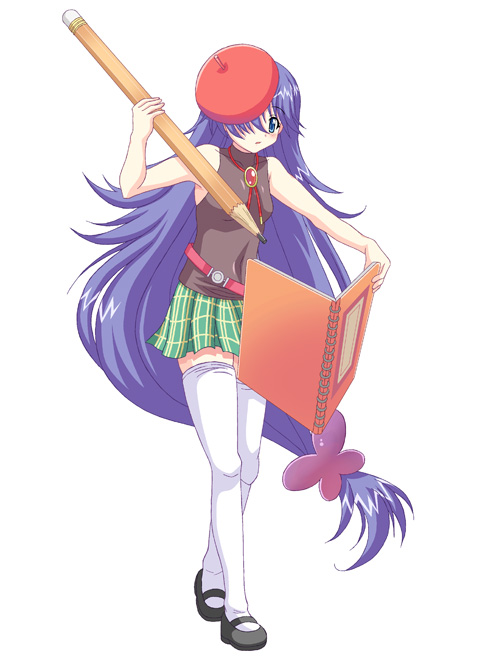 rasahan, sketch (galzoo island), galzoo island, plaid, 1girl, belt, beret, blue eyes, blue hair, blush, book, female focus, hair over one eye, hat, jewelry, long hair, matching hair/eyes, necklace, pencil, pendant, ponytail, simple background, skirt, solo, thighhighs, very long hair, white thighhighs, wooden pencil, zettai ryouiki