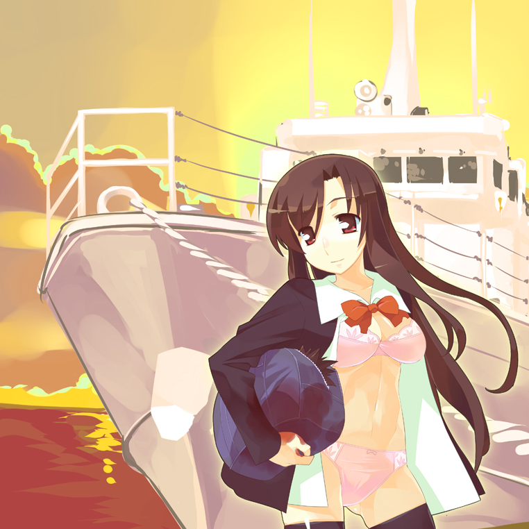 ryuuta, ryuuta (msxtr), katsura kotonoha, school days, 00s, 1girl, blood, boat, bow, bra, female focus, lingerie, meme, nice boat (meme), panties, red bow, severed head, solo, thighhighs, underwear, watercraft