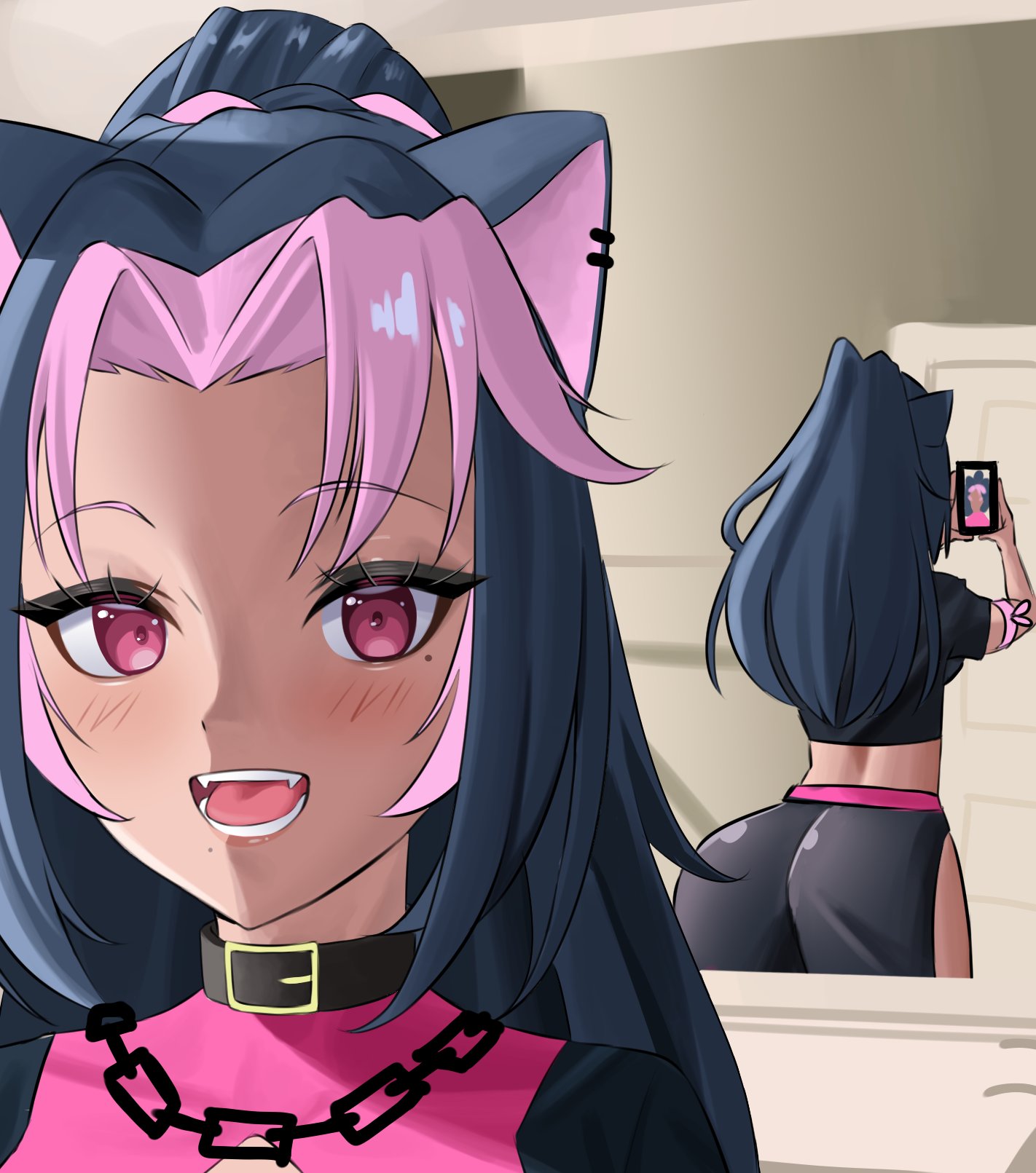 nagamma, shura hiwa, indie virtual youtuber, photo-referenced, 1girl, animal ear piercing, animal ears, ass, black shirt, black skirt, blue hair, blush, cellphone, close-up, cowboy shot, dot nose, eyelashes, fangs, female focus, from behind, hand up, huge ass, indoors, long hair, looking at viewer, mirror, mole, mole under eye, multicolored hair, open mouth, panther ears, panther girl, phone, piercing, pink eyes, pink hair, pink shirt, reflection, selfie, shirt, short sleeves, skirt, smartphone, smile, solo, streaked hair, two-tone hair, two-tone shirt, virtual youtuber