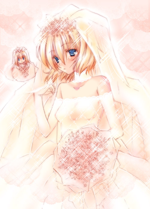 kokono coco, alice margatroid, shanghai doll, touhou, 1girl, blonde hair, bride, dress, female focus, matching shanghai, short hair, solo, wedding dress