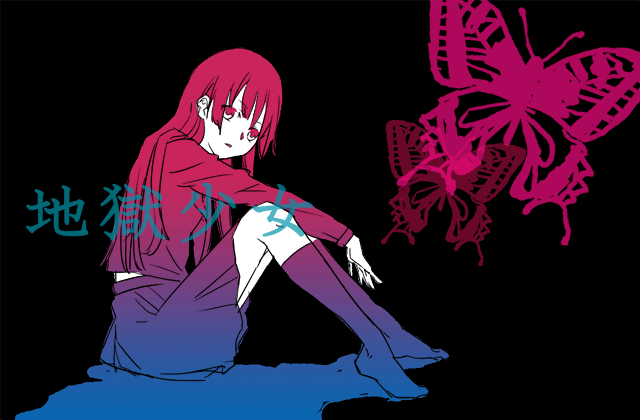 enma ai, jigoku shoujo, 00s, blunt bangs, copyright name, hime cut, school uniform, serafuku, solo