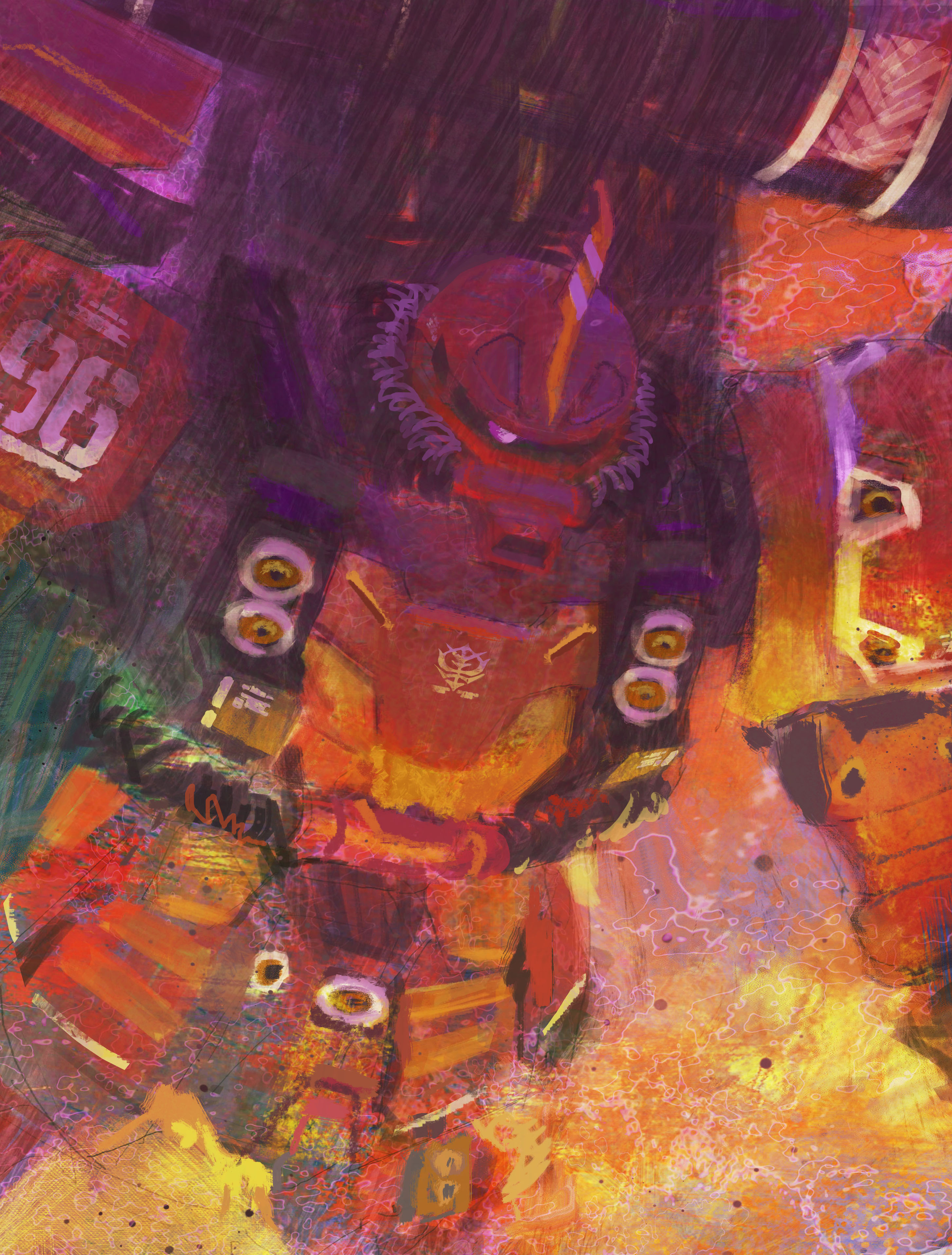 molai, zaku ii (reuse p device), gundam, gundam thunderbolt, absurdres, highres, horns, mecha, mecha focus, mobile suit, no humans, one-eyed, purple eyes, robot, science fiction, single horn, solo, zeon