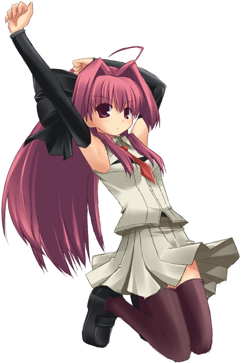 hoshi umi, corticarte apa lagranges, shinkyoku soukai polyphonica, highres, 00s, armpits, black theme, bow, detached sleeves, elbow gloves, gloves, hair bow, necktie, red hair, school uniform, serafuku, skirt, solo, thighhighs, zettai ryouiki
