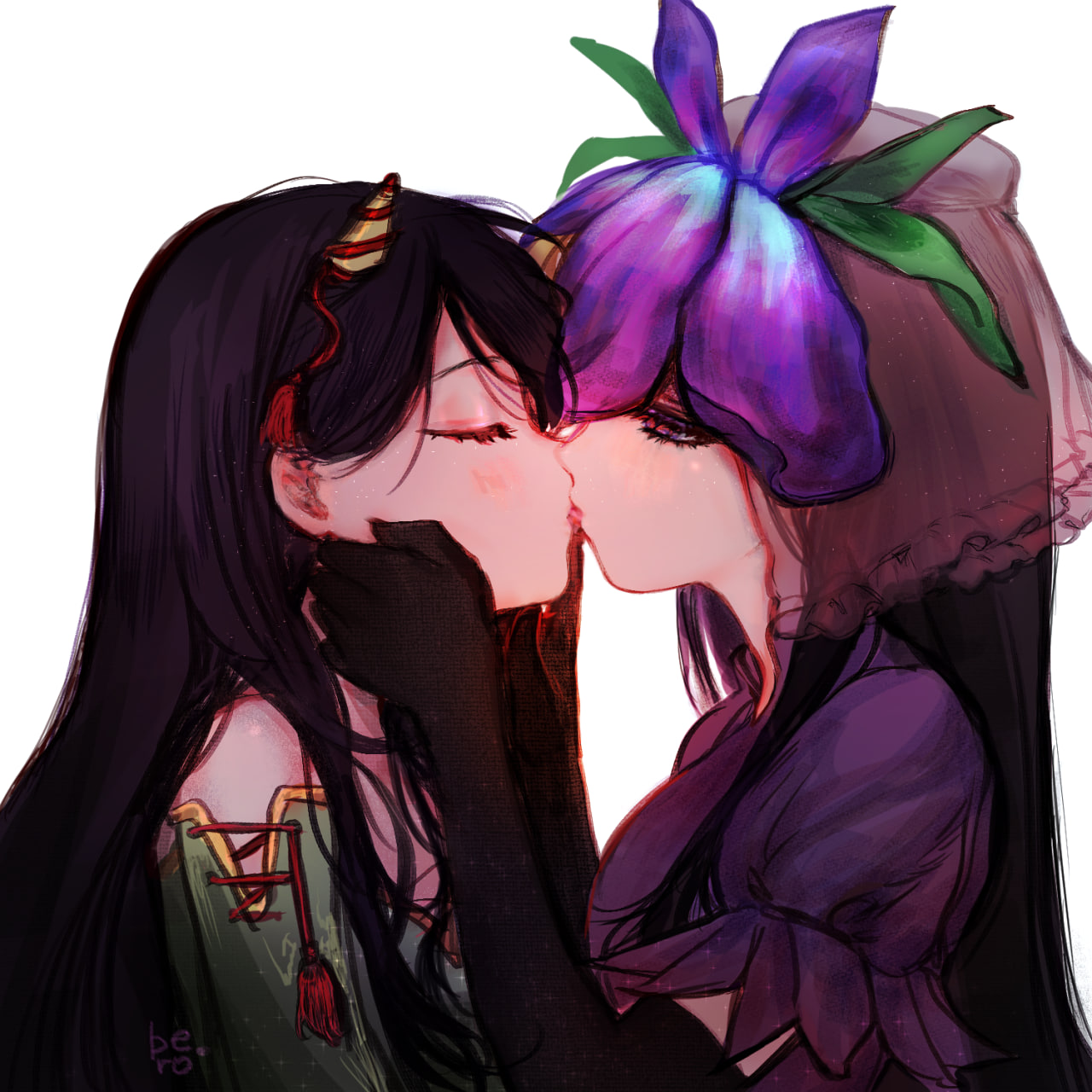svveetberry, nippaku zanmu, yomotsu hisami, touhou, alt text, commentary, english commentary, highres, 2girls, black gloves, black hair, closed mouth, dress, elbow gloves, facing another, flower, flower on head, french kiss, from side, gloves, green shirt, hands on another's cheeks, hands on another's face, horn ornament, horn ribbon, horns, kiss, lobelia (flower), long hair, looking at another, multiple girls, puffy short sleeves, puffy sleeves, purple dress, red ribbon, ribbon, shirt, short sleeves, simple background, upper body, white background, yuri