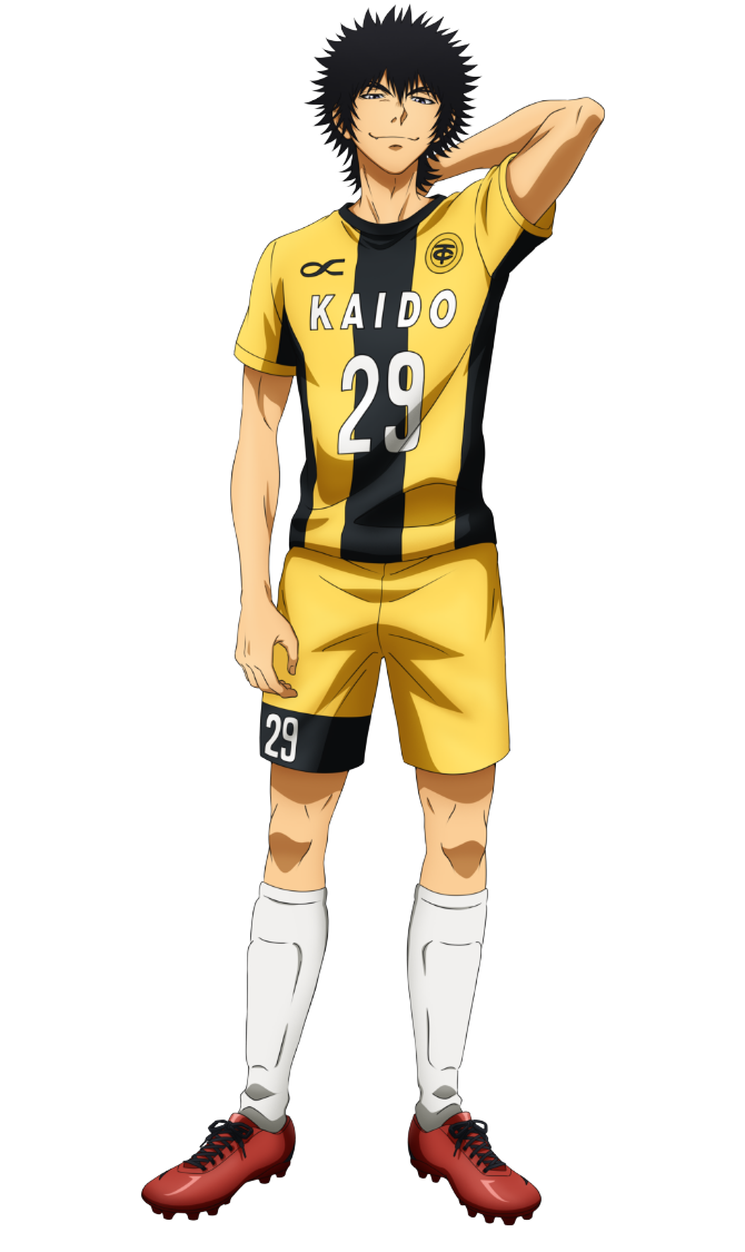 motoki yuuma, ao ashi, official art, 1boy, anime coloring, arm behind head, arm up, black hair, full body, grey eyes, looking at viewer, male focus, nakatake manabu, numbered, red shoes, shin guards, shirt, shoes, short hair, shorts, simple background, smile, soccer uniform, solo, spiked hair, spiked shoes, spikes, sportswear, standing, striped clothes, striped shirt, transparent background, two-tone shirt, v-shaped eyebrows, vertical-striped clothes, vertical-striped shirt, yellow shirt, yellow shorts