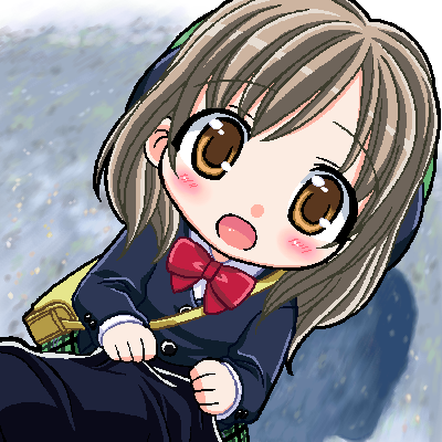st parasu, sakashita yuzuyu, aishiteruze baby, plaid, lowres, 00s, 1girl, :d, :o, bag, black jacket, blazer, blush, bow, bowtie, brown eyes, brown hair, buttons, chibi, child, clothes tug, collared shirt, dutch angle, female focus, from above, green skirt, hair ornament, jacket, long sleeves, looking at viewer, looking up, oekaki, open mouth, orange eyes, over shoulder, red bow, red bowtie, satchel, shirt, skirt, smile, solo focus, white shirt