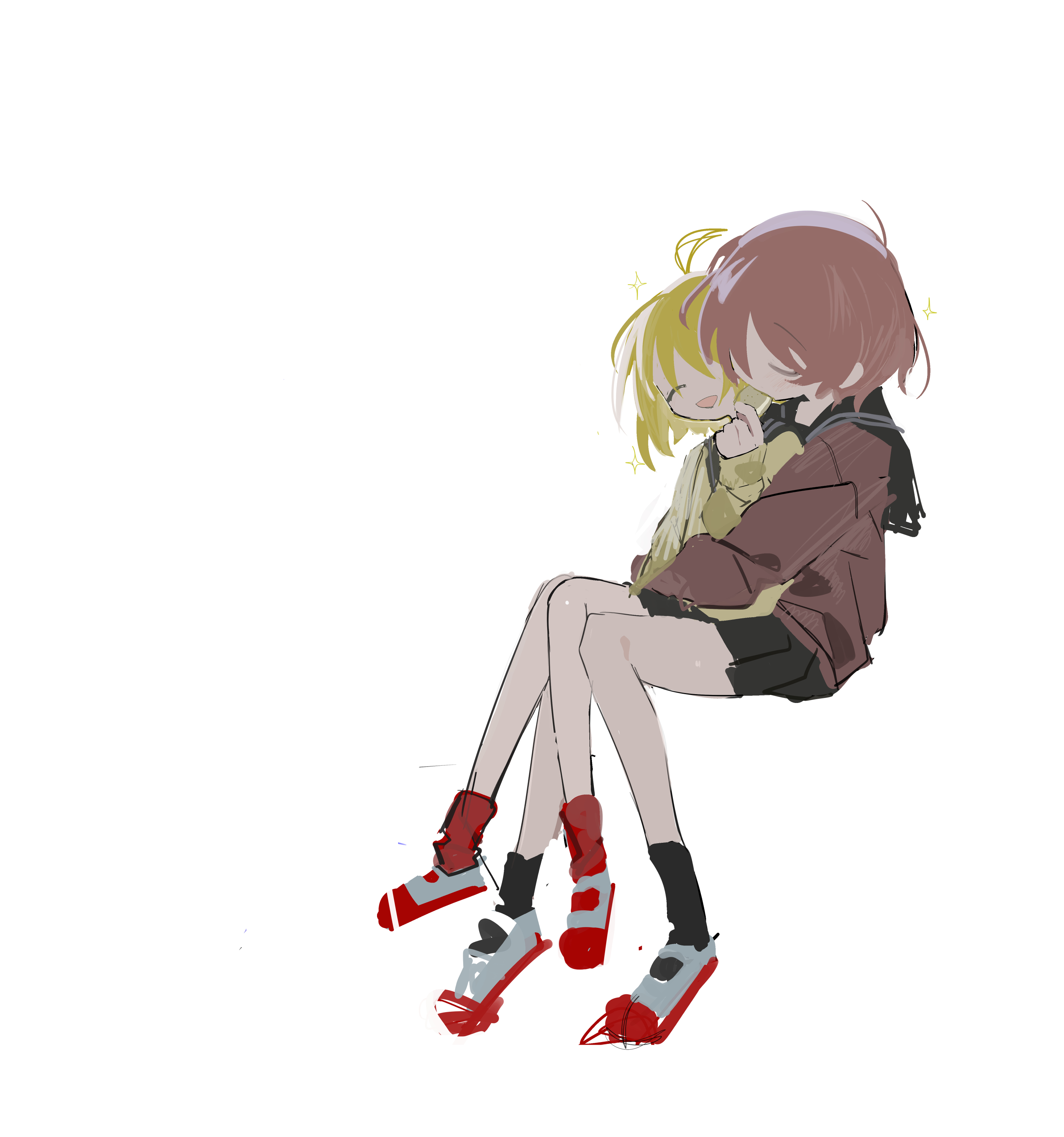kokaki mumose, uozumi kurumi, null-meta, absurdres, highres, 2girls, ahoge, black sailor collar, black skirt, black socks, blonde hair, brown hair, brown sweater, closed eyes, cuddling, full body, hand up, hug, hug from behind, invisible chair, miniskirt, multiple girls, open mouth, red socks, sailor collar, school uniform, serafuku, shoes, short hair, simple background, sitting, sitting on lap, sitting on person, skirt, smile, socks, sparkle, sweater, uwabaki, watanabe yuuka, white background, yellow sweater, yuri