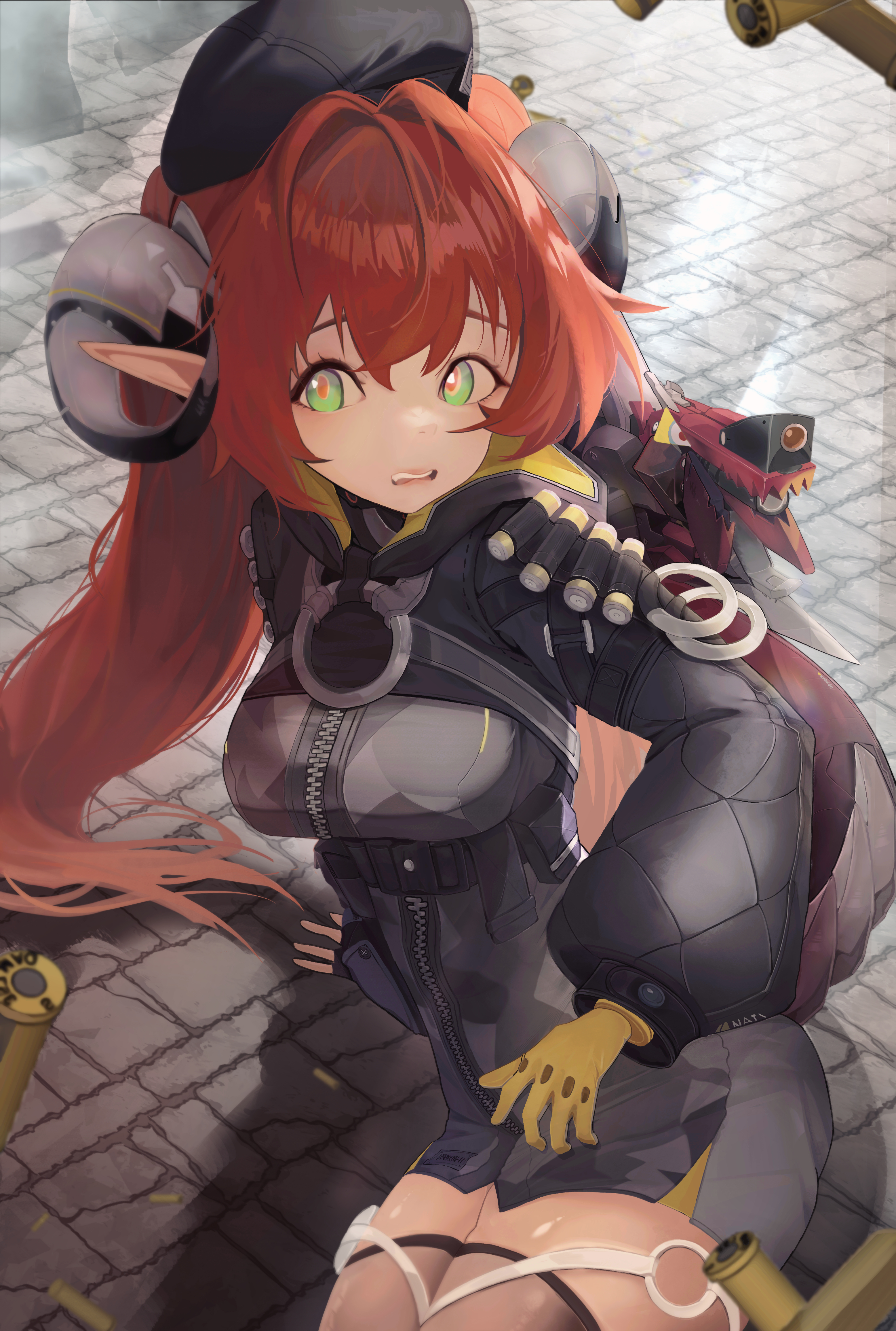 orphie magnusson, zenless zone zero, absurdres, highres, 1girl, black gloves, black hat, black hoodie, black thighhighs, breasts, fingerless gloves, foxrain, gloves, green eyes, hat, hood, hoodie, large breasts, long hair, looking at viewer, lying, on side, open mouth, orange hair, outdoors, pointy ears, teeth, thighhighs, upper teeth only, very long hair, yellow gloves