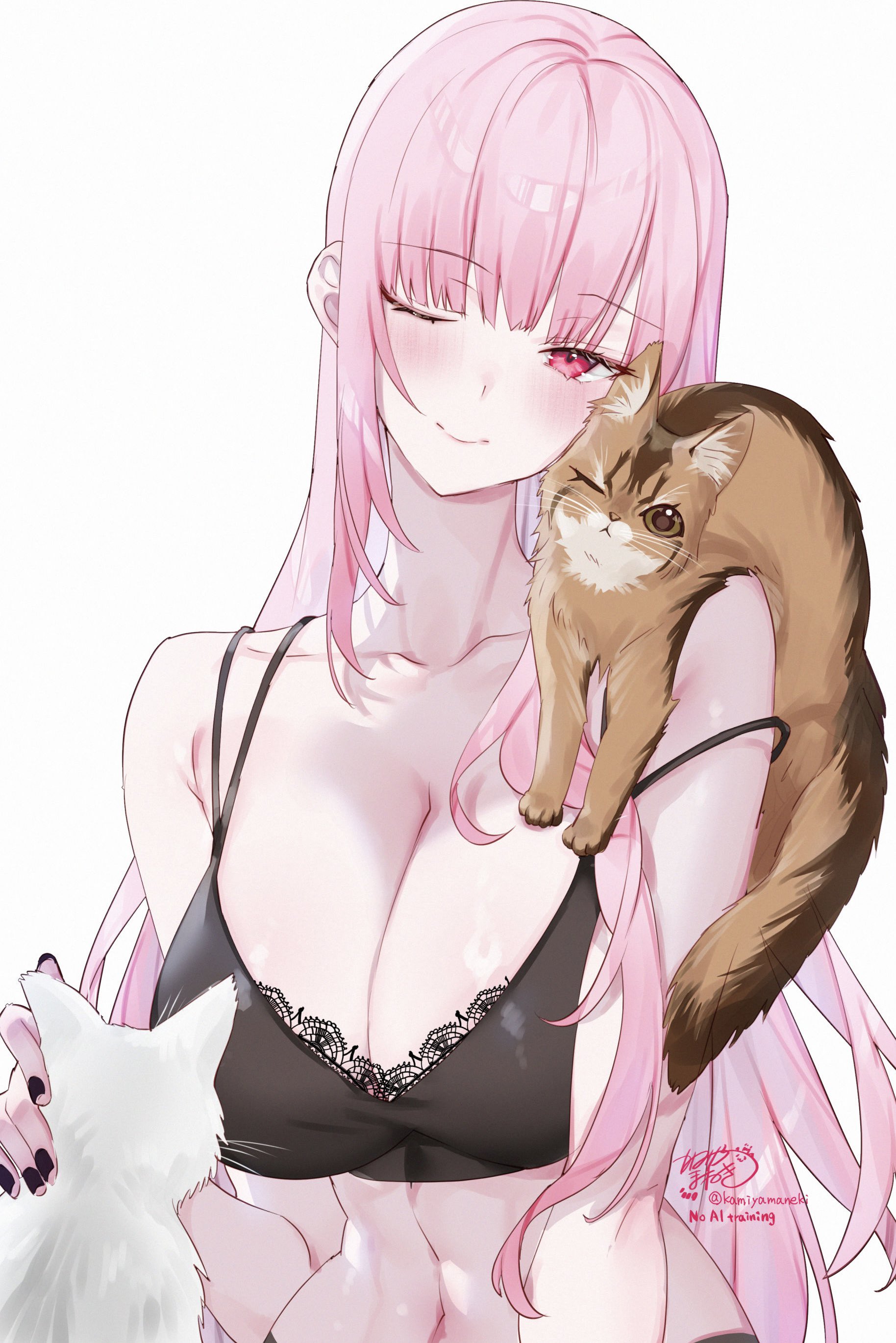 kamiya maneki, ghost cat (mori calliope), mori calliope, hololive, hololive english, absurdres, commentary, english commentary, highres, 1girl, ;), armpit crease, black bra, black nails, blunt bangs, bra, breasts, cat, cleavage, fingernails, lace, lace-trimmed bra, lace trim, large breasts, long hair, looking at viewer, multi-strapped bra, nail polish, navel, no shirt, one eye closed, pink eyes, pink hair, sidelocks, simple background, smile, solo, stomach, toned, toned female, tutu (mori calliope), underwear, underwear only, upper body, virtual youtuber, white background