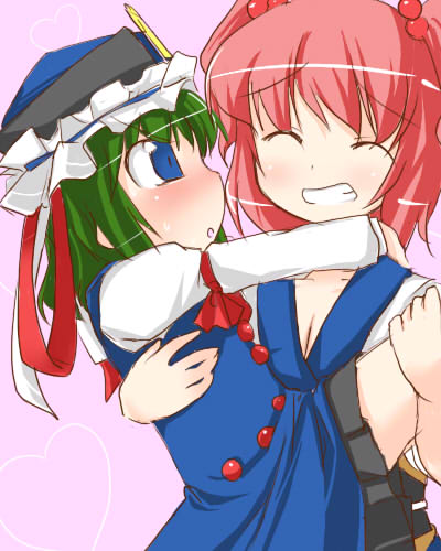 morino harifu, onozuka komachi, shiki eiki, touhou, lowres, 2girls, carrying, female focus, hat, multiple girls, princess carry, simple background