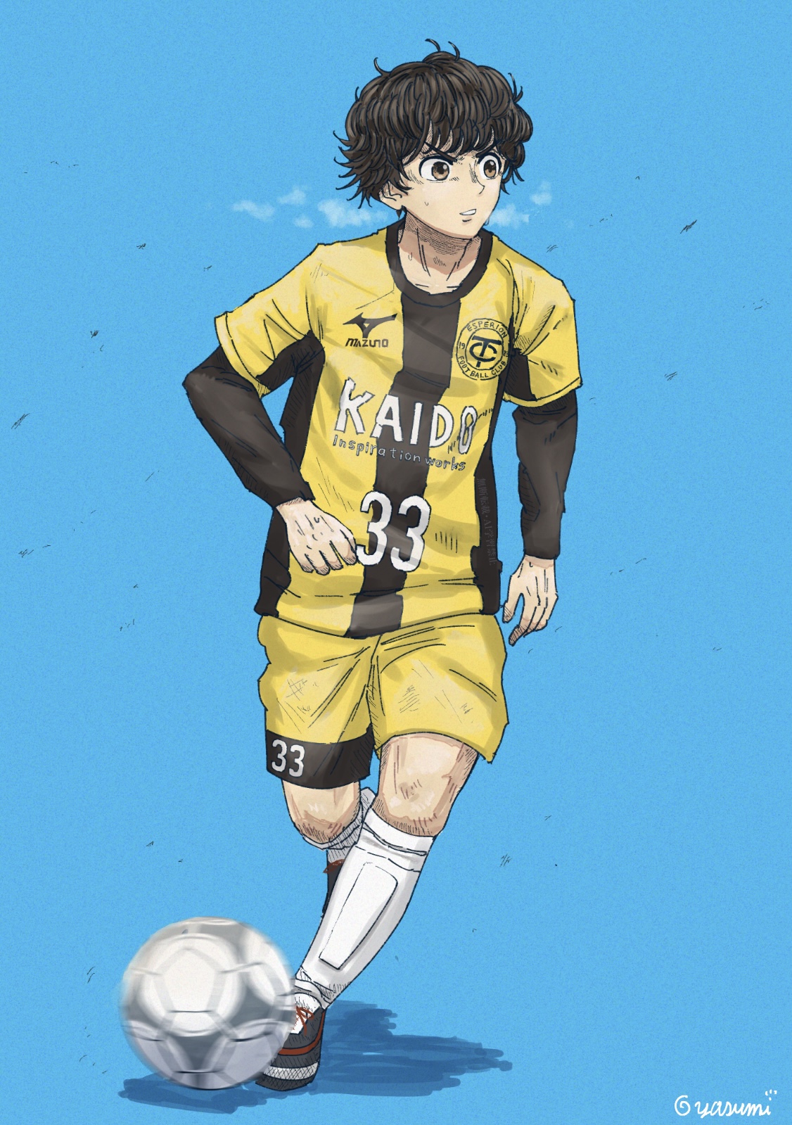 aoi ashito, ao ashi, highres, 1boy, ball, black hair, blue background, breath, brown eyes, long sleeves, male focus, shin guards, shorts, sleepingnes1, soccer ball, soccer uniform, solo, sportswear, standing, yellow shorts