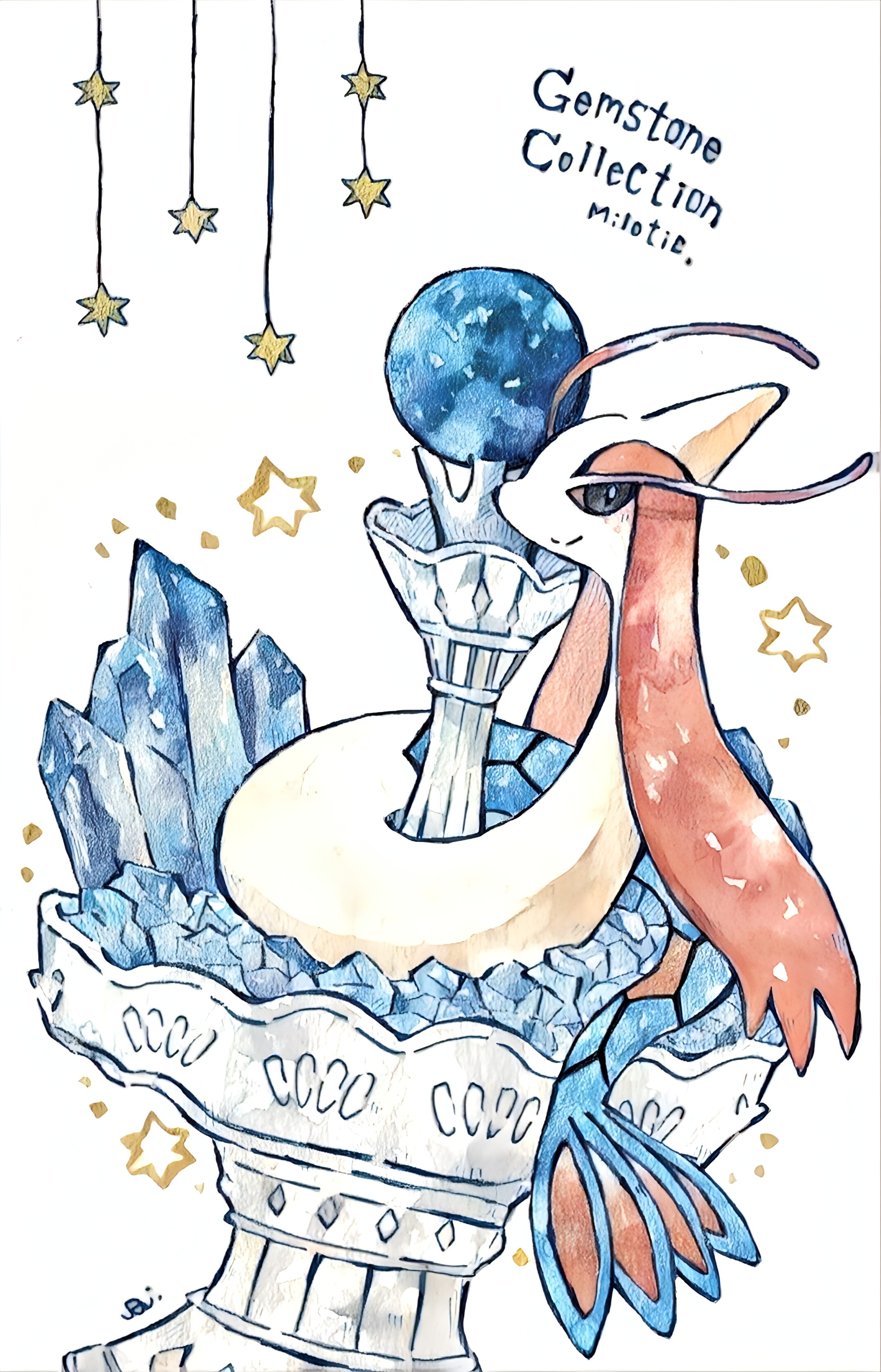 rai (rai kw), milotic, nintendo, pokemon, absurdres, highres, closed mouth, crystal, diamond (gemstone), full body, gem, gen 3 pokemon, grey eyes, looking at viewer, no humans, pokemon (creature), pokemon focus, smile, solo, star (symbol), tail
