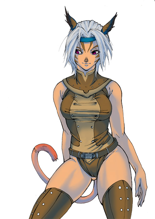 mithra (ff11), final fantasy, final fantasy xi, 00s, 1girl, animal ears, breasts, cameltoe, cat ears, cat tail, female focus, grey hair, red eyes, simple background, solo, tail, thighhighs