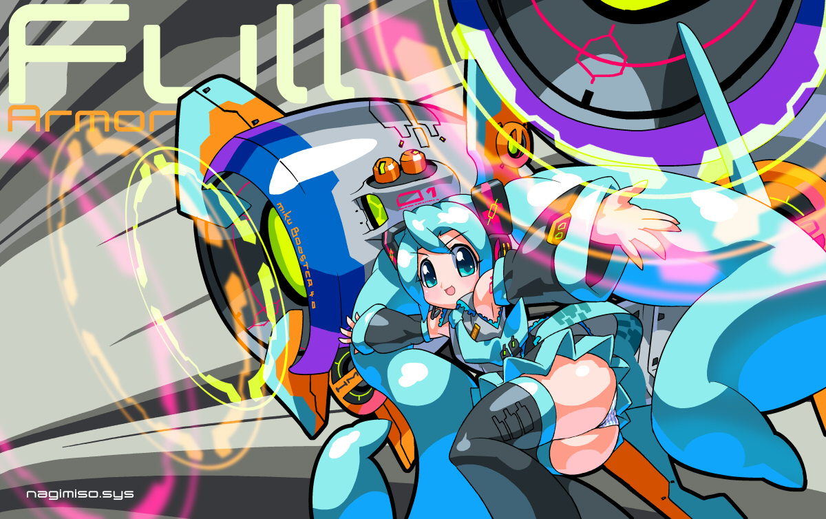 nagimiso, hatsune miku, vocaloid, striped, armor, colorful, long hair, microphone, panties, solo, thighhighs, underwear, upskirt, very long hair
