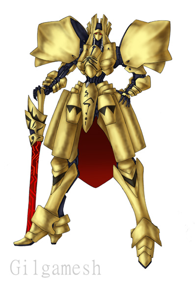 zou azarashi, gilgamesh (fate), fate/stay night, fate (series), five star stories, 00s, armor, character name, crossover, full body, hand on own hip, holding, holding sword, holding weapon, legs apart, looking at viewer, mecha, mechanization, no humans, parody, red eyes, robot, simple background, solo, standing, sword, unsheathed, weapon, white background