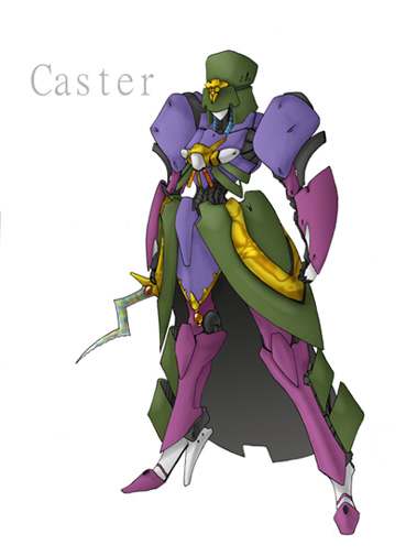 zou azarashi, medea (caster) (fate), medea (fate), fate/stay night, fate (series), five star stories, 00s, armor, arms at sides, character name, clenched hand, crossover, dagger, full body, holding, holding weapon, knife, mecha, mechanization, no humans, parody, robot, simple background, solo, weapon, white background