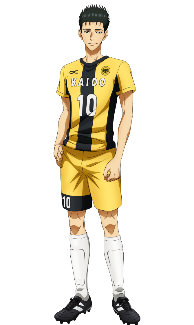 kuribayashi haruhisa, ao ashi, official art, 1boy, anime coloring, black hair, black shoes, brown eyes, closed mouth, full body, hand on own hip, looking at viewer, male focus, nakatake manabu, numbered, shin guards, shirt, shoes, short hair, shorts, simple background, smile, soccer uniform, solo, spiked hair, spiked shoes, spikes, sportswear, standing, striped clothes, striped shirt, transparent background, two-tone shirt, vertical-striped clothes, vertical-striped shirt, yellow shirt, yellow shorts