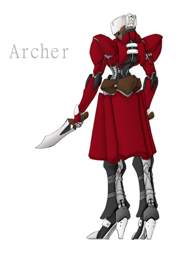 zou azarashi, archer (fate), fate/stay night, fate (series), five star stories, 00s, armor, character name, crossover, dagger, dual wielding, from behind, holding, holding weapon, knife, mecha, no humans, parody, robot, simple background, standing, weapon, white background
