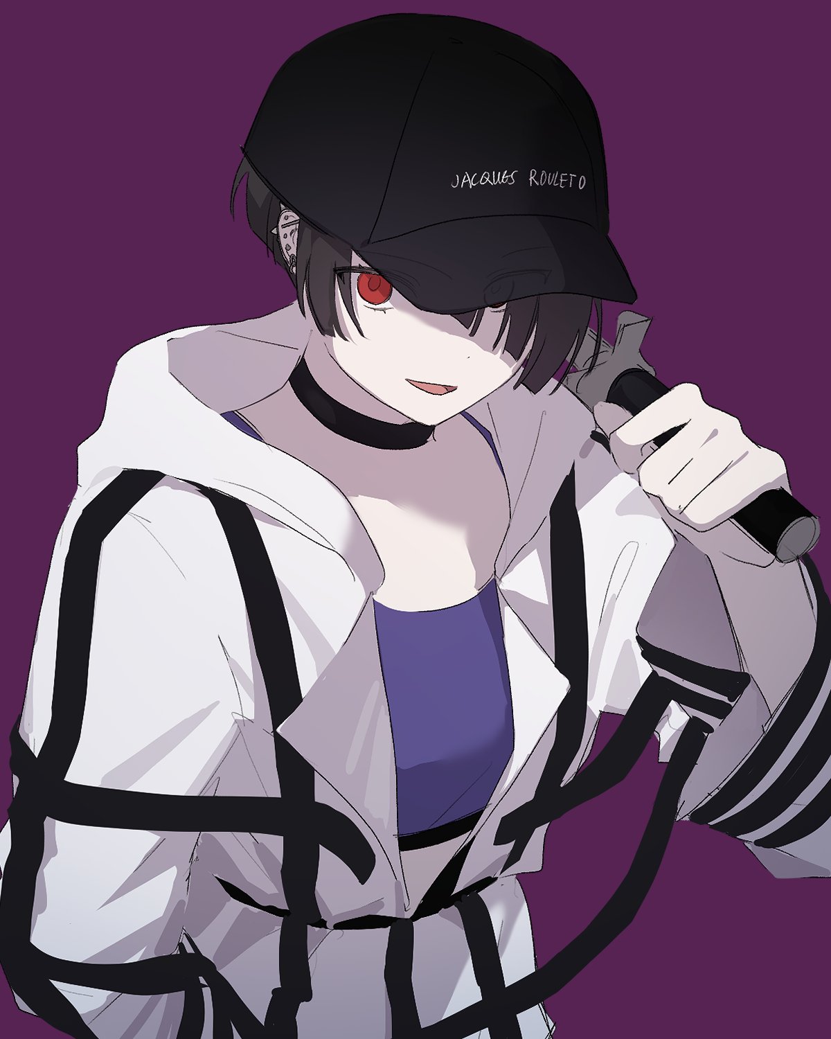 yuzuriha kotoko, milgram, highres, 1girl, asymmetrical bangs, asymmetrical hair, baseball cap, baton (weapon), black choker, black hair, choker, ear piercing, earrings, eyes visible through hair, hair between eyes, hair over one eye, hat, hat over one eye, hat writing, helix, holding, holding baton, hood, jacket, jewelry, li0mil, long sleeves, looking at viewer, marching band baton, midriff peek, multiple earrings, open mouth, parted hair, piercing, purple background, purple shirt, red hair, restraints, rook piercing, shadow, shirt, short bangs, short hair, side part, smile, solo, spiked ear piercing, straitjacket, stud earrings, very short hair, weapon, white jacket