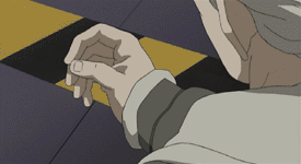 batou (gits), ghost in the shell, ghost in the shell: stand alone complex, animated, animated gif, anime screenshot, lowres, non-web source, 00s, 1boy, face punch, falling, in the face, male focus, mind control, punching, self-harm, solo