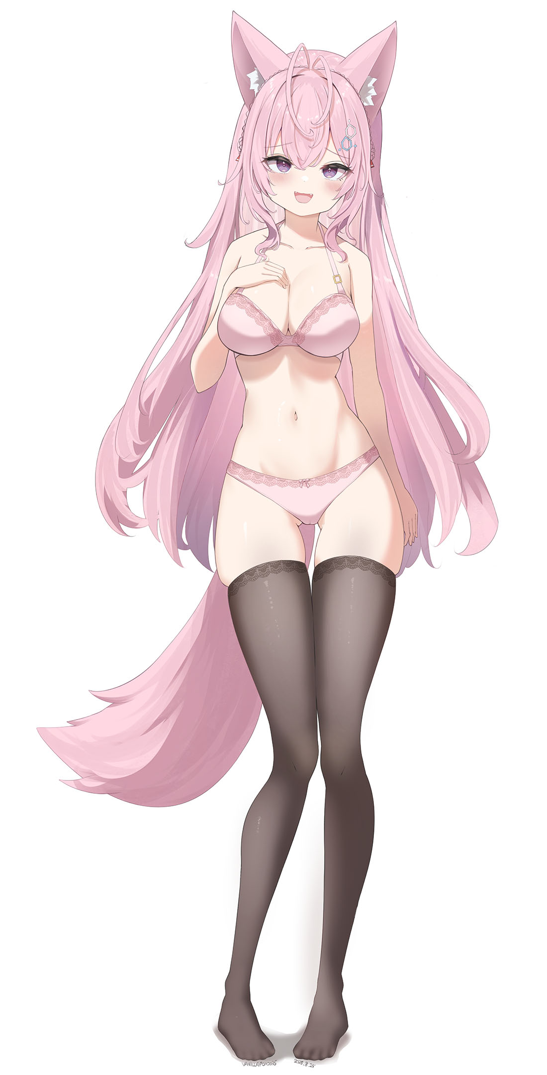 vanillafox2035, hakui koyori, hololive, commentary, commission, english commentary, highres, 1girl, :d, animal ear fluff, animal ears, antenna hair, black thighhighs, bra, braid, braided bun, breasts, cleavage, crown braid, double-parted bangs, full body, hair bun, hand on own chest, hexagon hair ornament, large breasts, long hair, looking at viewer, navel, no shoes, open mouth, panties, pink hair, sidelocks, simple background, smile, solo, stomach, tail, thighhighs, underwear, very long hair, virtual youtuber, white background, wolf ears, wolf girl, wolf tail