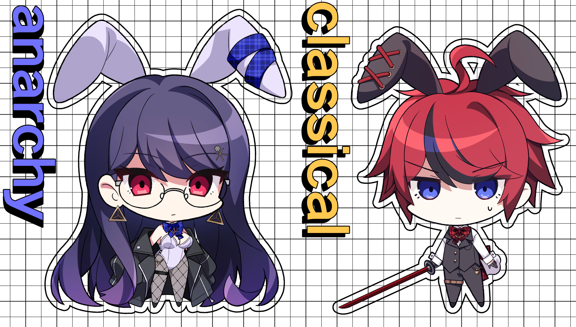 nurux2, shizuhara hiruko, sumino takumi, the hundred line -last defense academy-, commentary request, highres, variant set, 1boy, 1girl, ahoge, animal ears, black jacket, black pants, black streaks, black vest, blue bow, blue bowtie, blue eyes, bow, bowtie, breasts, chibi, chibi only, earrings, english text, fishnet pantyhose, fishnets, glasses, grid background, hair ornament, holding, holding sword, holding weapon, jacket, jacket partially removed, jewelry, kemonomimi mode, leotard, long hair, multicolored hair, outline, pants, pantyhose, playboy bunny, purple hair, rabbit boy, rabbit ears, rabbit girl, red bow, red bowtie, red eyes, red hair, shirt, short hair, strapless, strapless leotard, streaked hair, sweatdrop, sword, thigh strap, vest, weapon, white background, white leotard, white shirt, white wrist cuffs, wrist cuffs