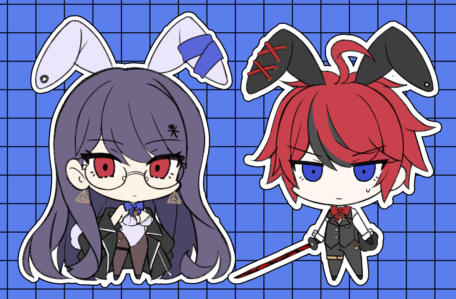 nurux2, shizuhara hiruko, sumino takumi, the hundred line -last defense academy-, commentary request, highres, variant set, 1boy, 1girl, ahoge, animal ears, black jacket, black pants, black streaks, black vest, blue background, blue bow, blue bowtie, blue eyes, bow, bowtie, chibi, chibi only, earrings, flat color, glasses, grid background, hair ornament, holding, holding sword, holding weapon, jacket, jacket partially removed, jewelry, kemonomimi mode, leotard, long hair, multicolored hair, outline, pants, pantyhose, playboy bunny, purple hair, rabbit boy, rabbit ears, rabbit girl, red bow, red bowtie, red eyes, red hair, shirt, short hair, strapless, strapless leotard, streaked hair, sweatdrop, sword, thigh strap, vest, weapon, white leotard, white outline, white shirt, white wrist cuffs, wrist cuffs
