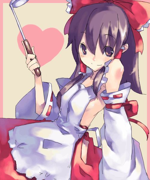 hakurei reimu, touhou, beige background, 1girl, apron, black hair, blush, bow, breasts, brown eyes, closed mouth, detached sleeves, female focus, hair bow, heart, ladle, long sleeves, looking at viewer, red bow, red skirt, ribbon-trimmed sleeves, ribbon trim, sideboob, simple background, skirt, small breasts, smile, solo