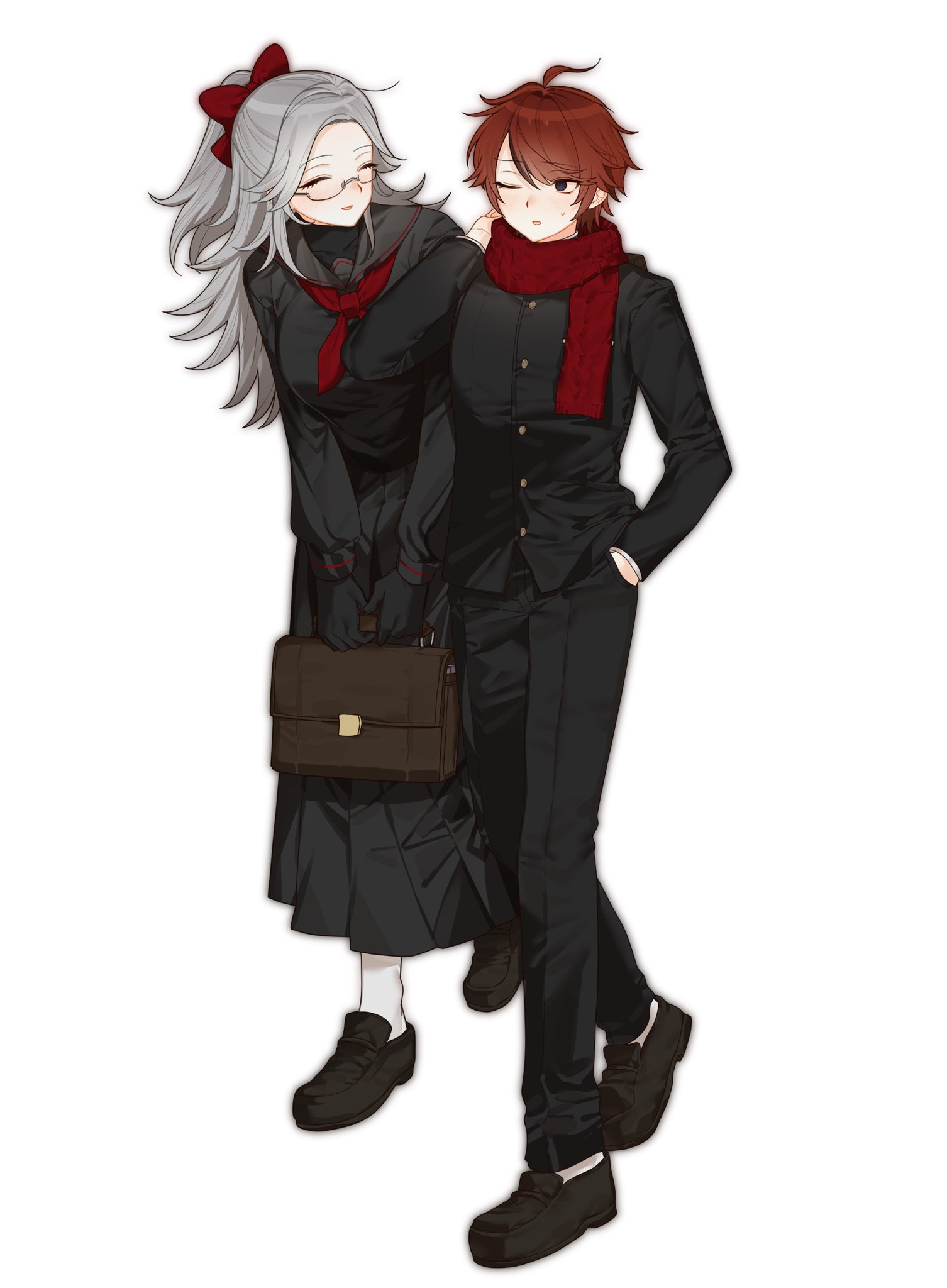 aotsuki eito, sumino takumi, the hundred line -last defense academy-, highres, 1boy, 1girl, ^ ^, ahoge, alternate hair color, black gloves, black jacket, black pants, black sailor collar, black serafuku, black shoes, black skirt, blue eyes, bow, briefcase, closed eyes, facing another, gakuran, genderswap, genderswap (mtf), gimnagy67859309, glasses, gloves, grey hair, hair bow, hand in pocket, holding, holding briefcase, jacket, long hair, long skirt, looking at another, neckerchief, one eye closed, pants, ponytail, red bow, red hair, red neckerchief, red scarf, sailor collar, scarf, school briefcase, school uniform, serafuku, shoes, short hair, simple background, skirt, smile, white background, white undershirt