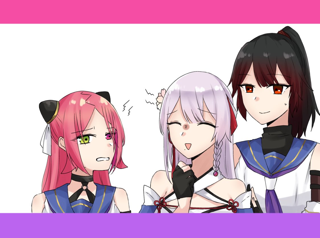 nigari (ngari 0115), funada ui, nagasawa yuki (assault lily), shiba tomoshibi, assault lily, commentary, 3girls, ^ ^, annoyed, arm at side, arms at sides, bare shoulders, behind another, black choker, black gloves, black hair, black shirt, blue sailor collar, braid, choker, clenched teeth, closed eyes, criss-cross halter, dress, false smile, flower, gloves, green eyes, grey hair, hair flower, hair ornament, hair ribbon, hairpods, half gloves, halterneck, hand on another's arm, hand up, heterochromia, high ponytail, layered sleeves, letterboxed, lightning bolt symbol, long hair, looking at another, looking to the side, medium hair, mole, mole under mouth, multiple girls, nervous smile, o-ring, o-ring choker, odaiba girls high school uniform, parted bangs, parted lips, partially fingerless gloves, pink flower, ponytail, red eyes, red hair, red ribbon, ribbon, sailor collar, school uniform, serafuku, shirt, side braid, simple background, single braid, sleeveless, sleeveless dress, sleeveless shirt, smile, sweatdrop, tassel, tassel hair ornament, teeth, triangle mouth, undershirt, upper body, white background, white ribbon