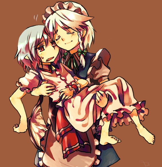 takishima asaka, izayoi sakuya, remilia scarlet, touhou, 2girls, annoyed, barefoot, bat wings, braid, carrying, cheek-to-cheek, closed eyes, fang, feet, female focus, heads together, hug, multiple girls, princess carry, red eyes, side braid, sweatdrop, wings