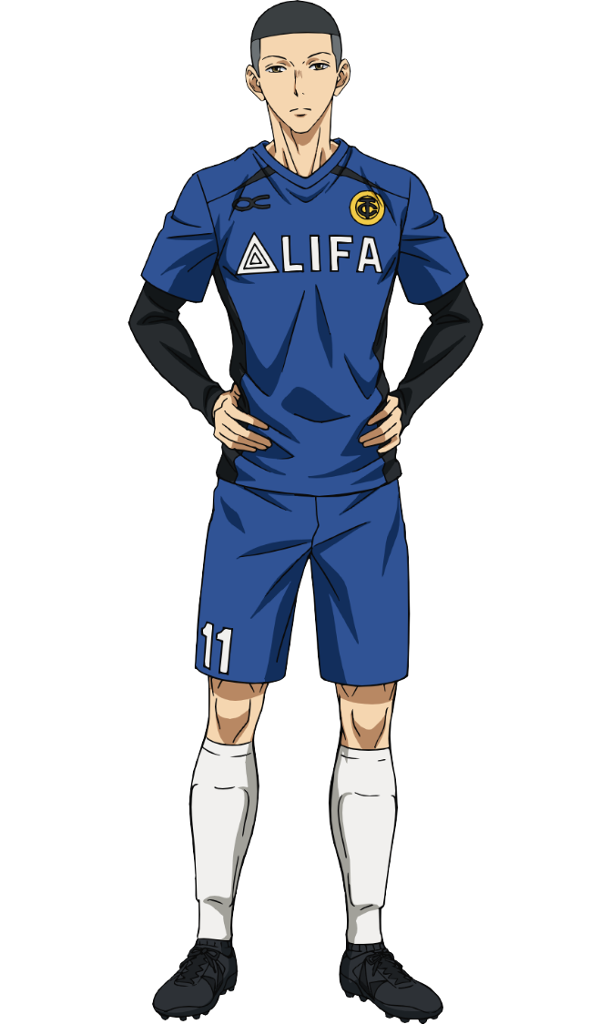ao ashi, official art, 1boy, anime coloring, black hair, black shoes, black undershirt, blue shirt, blue shorts, brown eyes, buzz cut, closed mouth, english text, full body, grey hair, hands on own hips, long sleeves, looking at viewer, multicolored hair, nakatake manabu, numbered, shin guards, shirt, shirt under shirt, shoes, short hair, shorts, simple background, soccer uniform, solo, spiked shoes, spikes, sportswear, standing, transparent background, two-tone hair, two-tone shirt, undercut, very short hair, yoshitsune kenta