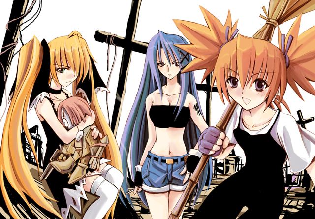 kotonemaru, kanna bismarch, marion phauna, matilda matisse, shaman king, 3girls, blonde hair, blue hair, broom, chuck (shaman king), cross, fingerless gloves, gloves, hanagumi, holding, holding broom, latin cross, long hair, midriff, multiple girls, orange hair, thighhighs, twintails, very long hair
