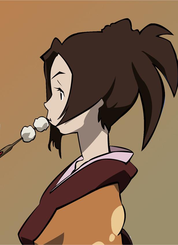 fuu (samurai champloo), samurai champloo, 00s, 1girl, brown background, brown hair, dango, eating, female focus, food, japanese clothes, ponytail, profile, simple background, solo, upper body, wagashi