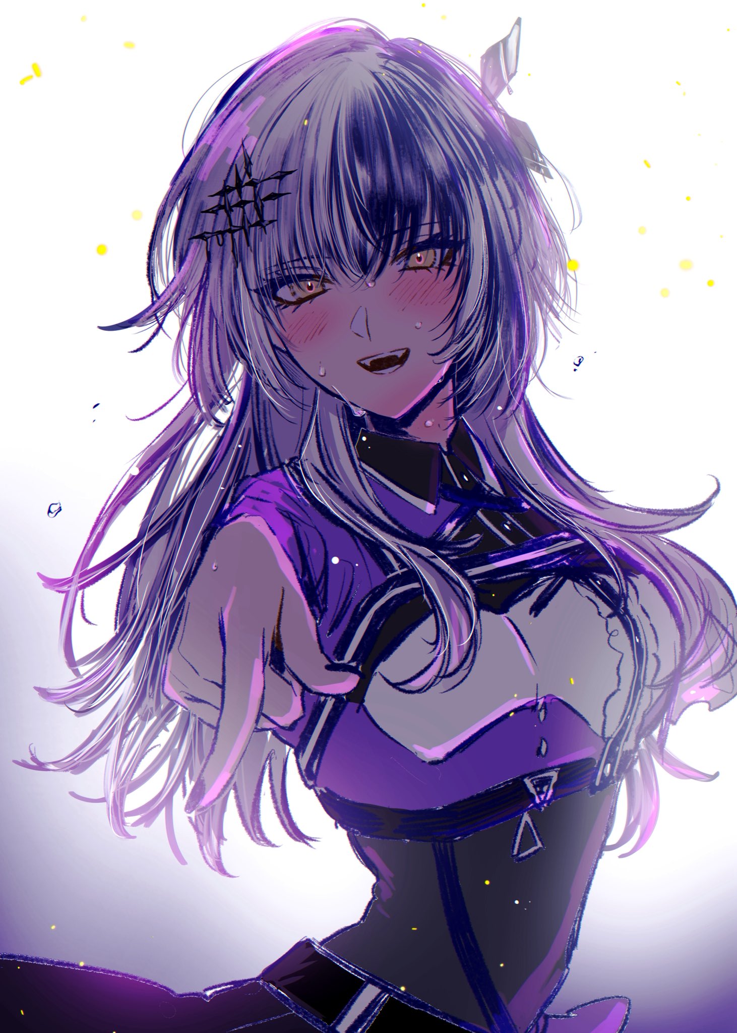 yuri kyanon, shiori novella, hololive, hololive english, highres, 1girl, black hair, black nails, blush, grey hair, idol clothes, long hair, looking at viewer, multicolored hair, multicolored shirt, open mouth, pointing, pointing at viewer, purple shirt, shirt, solo, split-color hair, sweat, two-tone hair, virtual youtuber, white background, white shirt, yellow eyes