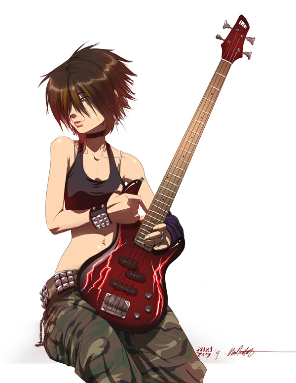 bass guitar, belt, bracelet, brown hair, camouflage, dated, guitar, hair over one eye, half-closed eyes, instrument, jewelry, midriff, short hair, simple background, sitting, solo, spiked hair, studded bracelet, tank top, white background, yellow eyes