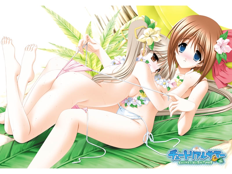 senomoto hisashi, seto konatsu, seto yuzuko, tutorial summer, silver hair, untied, 2girls, ass, assertive female, assisted exposure, barefoot, beach, bikini, blonde hair, blue eyes, blush, bow, breast press, breasts, brown eyes, brown hair, copyright name, embarrassed, feet, flower, hair flower, hair ornament, hair ribbon, leaf, legs up, long hair, looking back, lying, multiple girls, on back, on stomach, outdoors, parted lips, pink bow, ponytail, ribbon, short hair, side-tie bikini bottom, sideboob, small breasts, string, swimsuit, topless female, twintails, undressing, untying, very long hair, wet, yuri