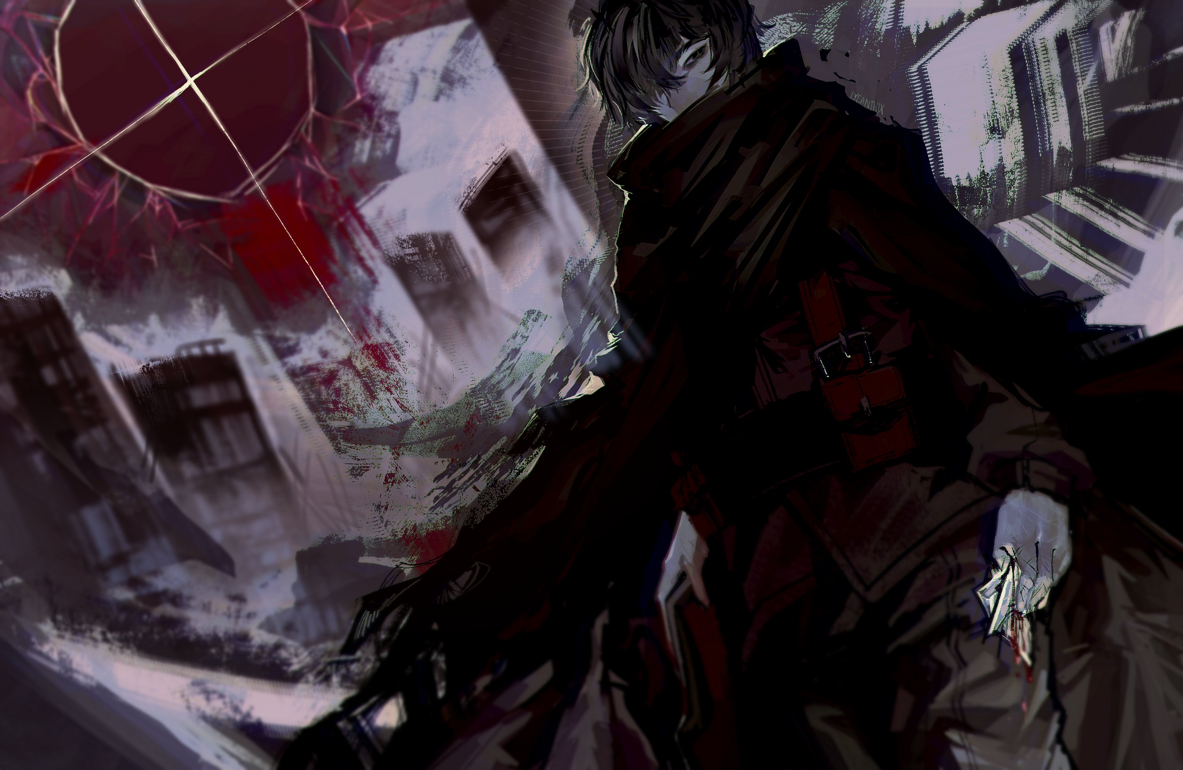 lycanthix, yi sang (project moon), limbus company, project moon, absurdres, highres, 1boy, black eyes, black hair, black scarf, blood, cityscape, e.g.o (project moon), fell bullet (e.g.o), glass shard, grey pants, holding glass shard, long sleeves, looking at viewer, male focus, one eye covered, outdoors, pale skin, pants, red shirt, scarf, shirt, short hair, solo, standing, upper body